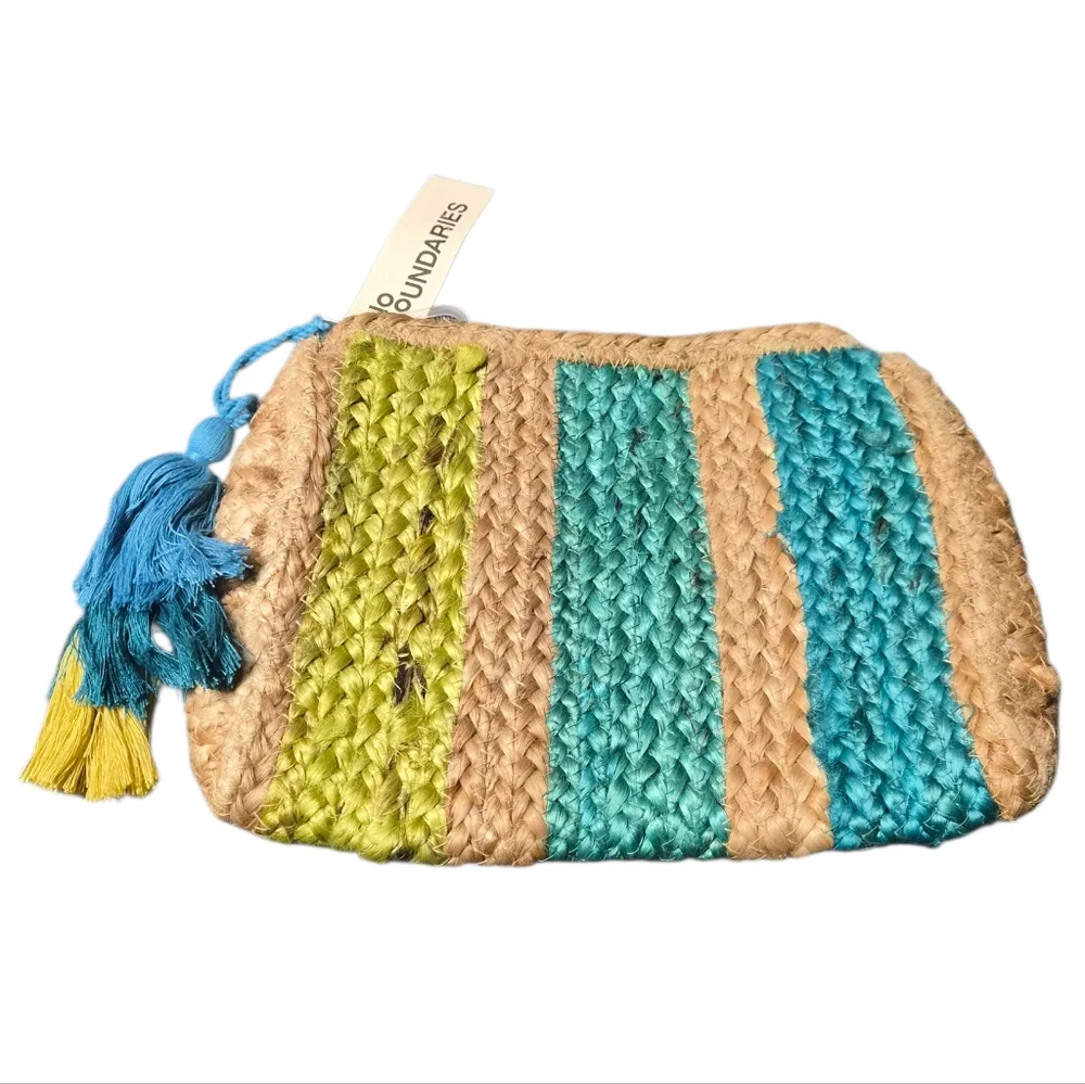 No Boundaries Woven Straw Cosmetic Pouch Teal Green